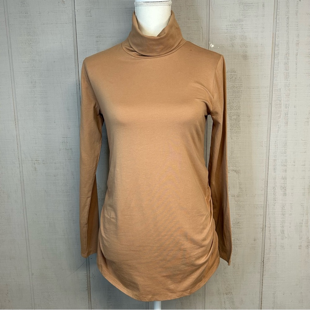 Isabel Maternity Turtleneck Top Long Sleeve Shirred Stretchy Cotton Tan Neutral